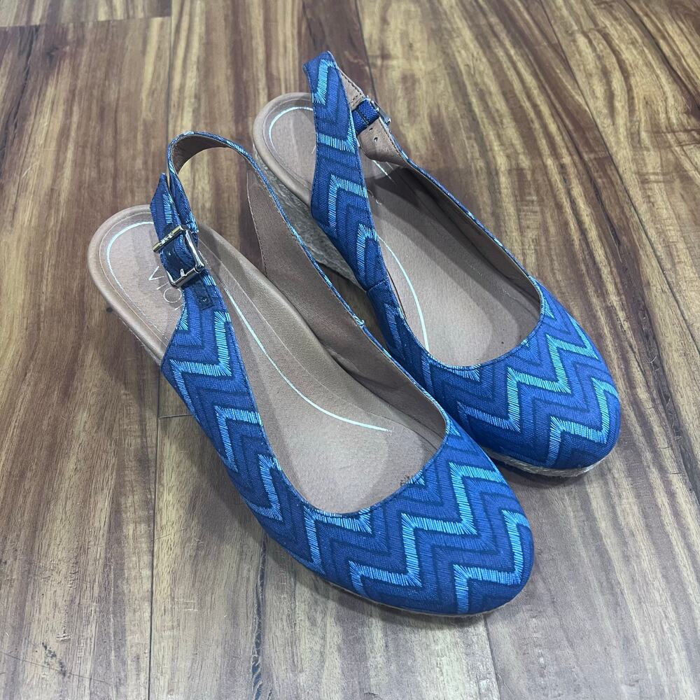 Vionic Womens 9 Coralina Blue Chevron Espadrille Supportive Wedge Slingback Shoe